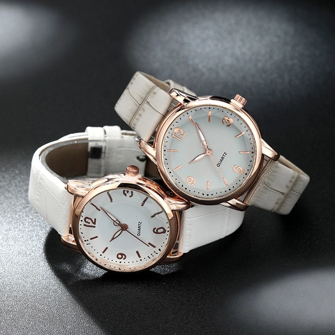 Reloj De Cuarzo Para Mujer Moda Simple Elegante Esfera Redonda Caja De Aleación Oro Rosa Correa De Cuero PU Estudiantes Analógico