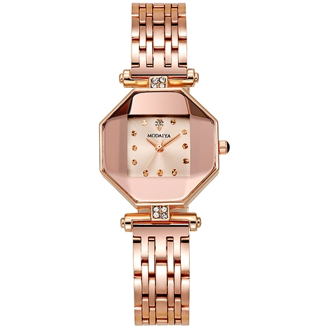 Women Quartz Watch Octagonal Cut Glass Case Rhinestone Alloy Stainless Steel Strap Elegant Minimalist Wristwatch