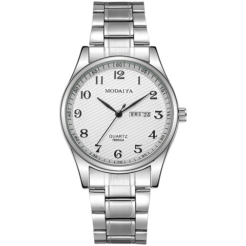 Quartz Watch Alloy Case Stainless Steel Leather Strap Date Day Display Arabic Numerals Business Casual For Men Women