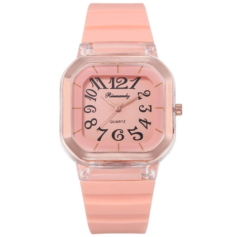 Orologio Al Quarzo Da Donna Quadrante Quadrato Cassa Trasparente Ghiera Oro Rosa Cinturino In Silicone Orologio Casual