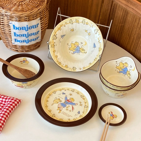 Ceramic Dinnerware Bowls And Plates Cartoon Illustration Underglaze Tableware For Home Kitchen Cute Healing Style Decor
