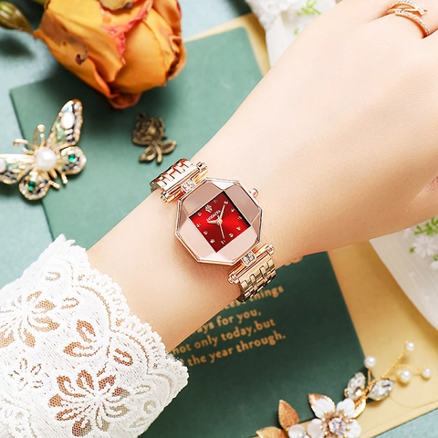 Women Quartz Watch Octagonal Cut Glass Case Rhinestone Alloy Stainless Steel Strap Elegant Minimalist Wristwatch