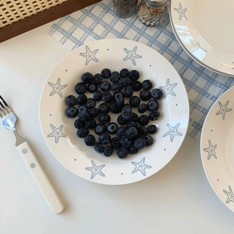 Keramisch Dinerbord Blauw Zeesterpatroon Rond Mediterrane Stijl Marien Thema Pasta Salade Dessert Schotel Huiskeuken