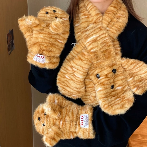 Moufles En Peluche À Rayures Tigre D'hiver Chaudes En Fausse Fourrure Design Animal De Dessin Animé Gants Thermiques Pour Femmes