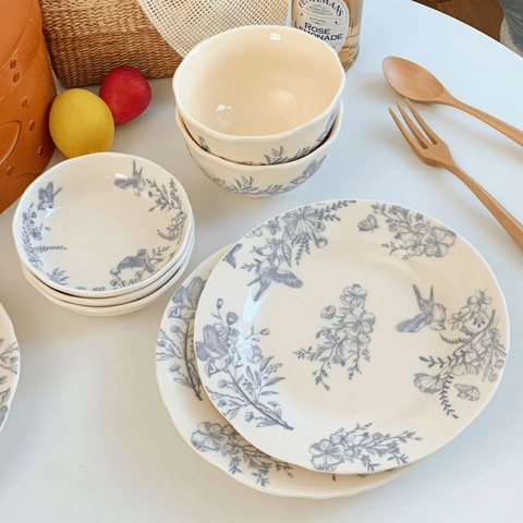 Stoviglie In Ceramica Piatto Ciotola Retrò Francese Motivo Floreale Uccelli Blu Sotto Smalto Elegante Cucina