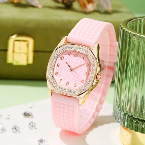 Women's Quartz Watch Rhinestone Octagonal Bezel Silicone Strap Arabic Numerals Elegant Fashion Analog Wristwatch