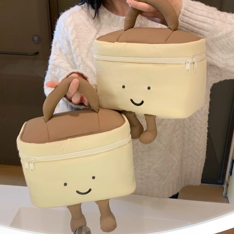 Borsa Trucco In Peluche A Forma Di Pane Tostato Faccia Sorridente Grande Capacità Organizzatore Da Viaggio Con Manico Piedi 3D