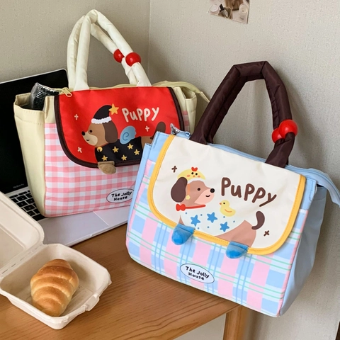 Cartoon Hund Isolierte Lunchtasche Karostoff Aluminiumfolie Thermotasche Tragbar Große Kapazität Für Büro Studenten