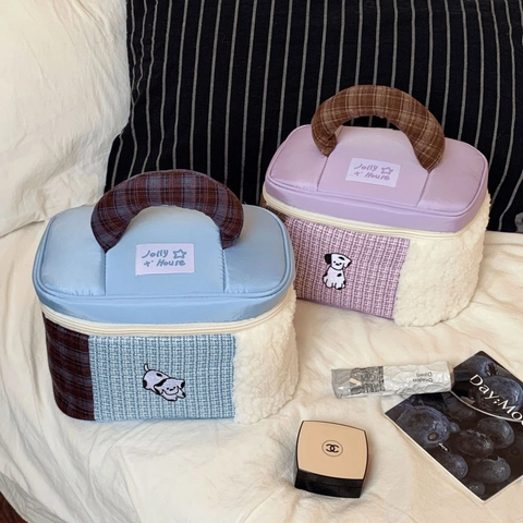 Kulturtasche Große Kapazität Patchwork Gesteppter Stoff Sherpa Fleece Cartoon Hund Stickerei Tragbare Reise Make-up Organizer