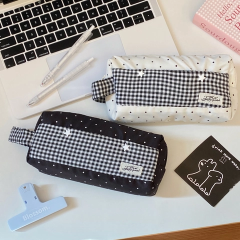 Astuccio Per Matite Grande Capacità Tessuto Di Tela Custodia Con Cerniera Portatile Pois Quadretti Stile Ins Minimalista Borsa Per Cancelleria Scolastica