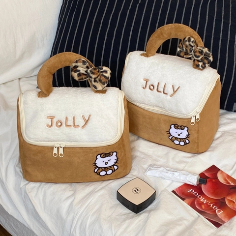 Suede Plush Makeup Bag Portable Toiletry Organizer Handheld Cosmetic Pouch Leopard Print Bow Embroidery For Travel Women