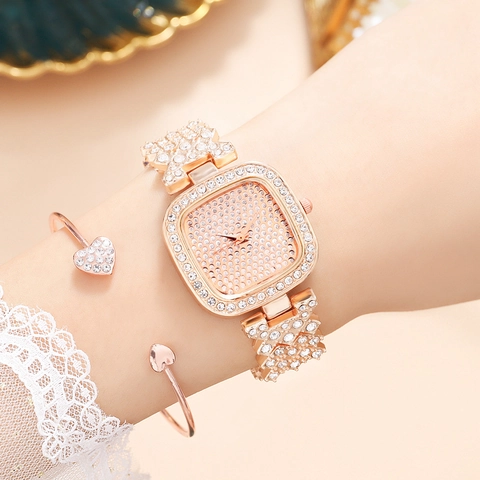 Legering Strass Vierkant Dames Quartz Horloge Met Glazen Spiegel Roestvrij Stalen Sluiting Elegant Dames Analoog Polshorloge Cadeau