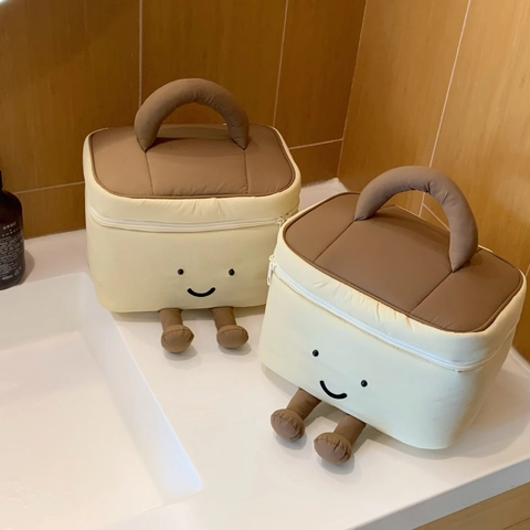 Borsa Trucco In Peluche A Forma Di Pane Tostato Faccia Sorridente Grande Capacità Organizzatore Da Viaggio Con Manico Piedi 3D