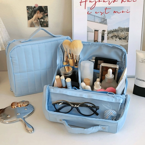 Gewatteerde Make-Up Tas Grote Capaciteit Reis Toilettas Draagbaar Verdeeld Rits Cosmetica Organizer Vrouwen