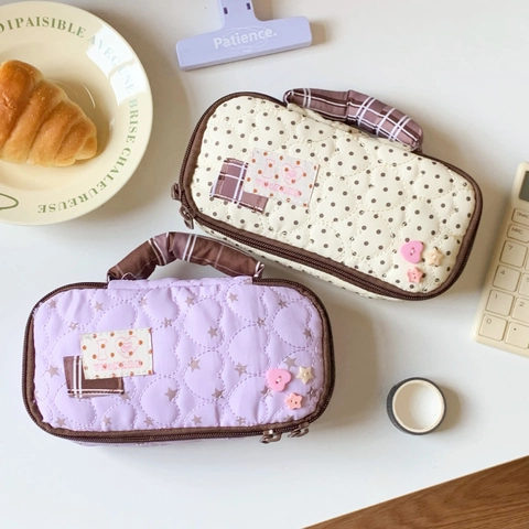 Trousse À Crayons En Coton Matelassé Grande Capacité Poignée Portable Style Ins Japonais Pour Étudiants Filles Sac De Papeterie Mignon