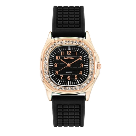 Orologio Al Quarzo Da Donna Moda Lusso Cassa In Lega Oro Rosa Lunetta Strass Quadrante Griglia Nero Cinturino In Silicone