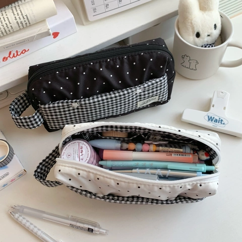 Astuccio Per Matite Grande Capacità Tessuto Di Tela Custodia Con Cerniera Portatile Pois Quadretti Stile Ins Minimalista Borsa Per Cancelleria Scolastica
