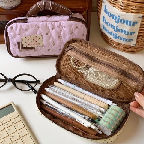 Trousse À Crayons En Coton Matelassé Grande Capacité Poignée Portable Style Ins Japonais Pour Étudiants Filles Sac De Papeterie Mignon
