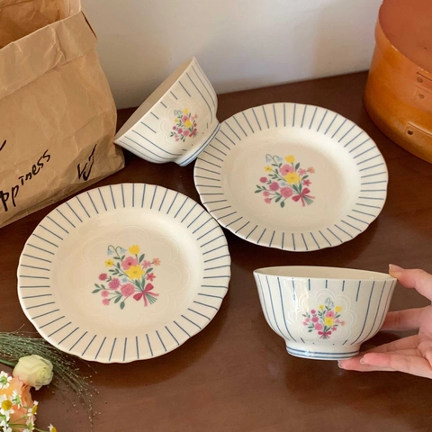 Ciotola E Piatto In Ceramica Floreale Vintage Stoviglie Sottosmalto A Righe Blu Per Cucina Sala Da Pranzo Stile Francese Retrò