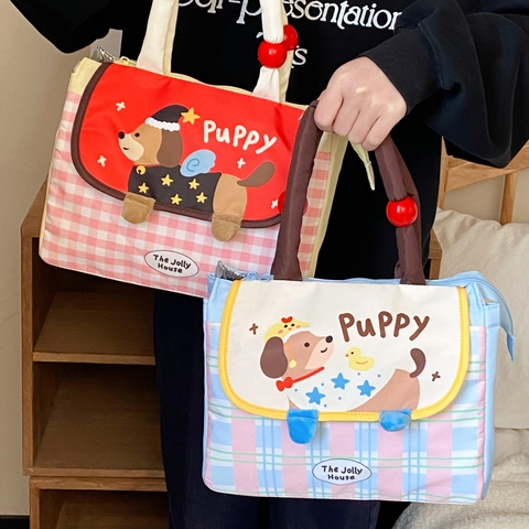 Cartoon Hund Isolierte Lunchtasche Karostoff Aluminiumfolie Thermotasche Tragbar Große Kapazität Für Büro Studenten