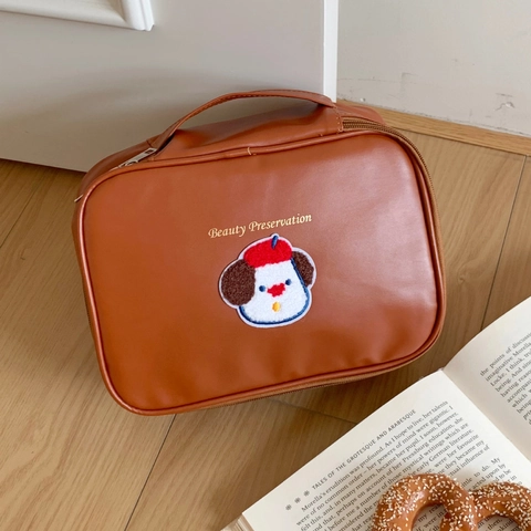 Große Kapazität Schminktasche PU Leder Tragbarer Kulturbeutel Reise Organizer Mit Cartoon Hund Stickerei Griff Reißverschluss