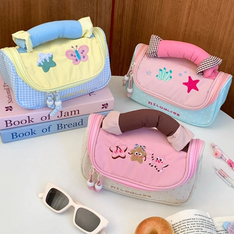 Large Capacity Pencil Case Nylon Quilted Handle Stationery Bag Cute Embroidery Portable Desktop Storage Student Pouch