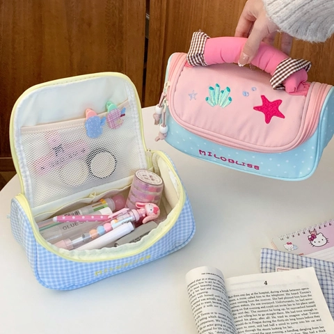 Large Capacity Pencil Case Nylon Quilted Handle Stationery Bag Cute Embroidery Portable Desktop Storage Student Pouch