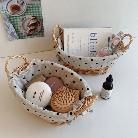 Woven Storage Basket Rattan Wicker With Dual Handles And Polka Dot Cloth Lining Desktop Organizer For Bread Fruit Pastoral Retro Style