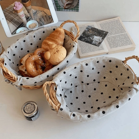 Woven Storage Basket Rattan Wicker With Dual Handles And Polka Dot Cloth Lining Desktop Organizer For Bread Fruit Pastoral Retro Style