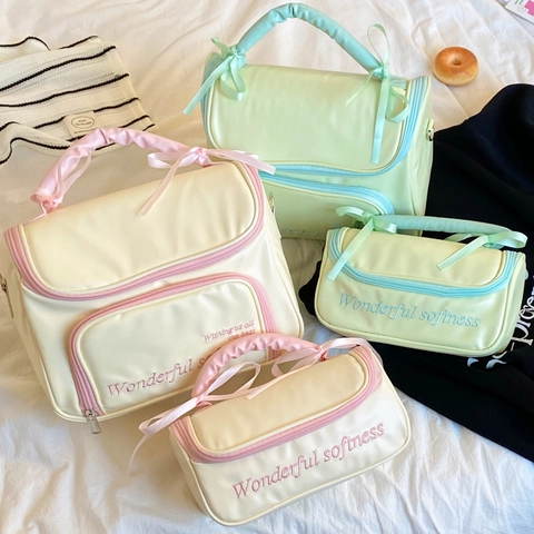 Trousse De Maquillage À Nœud Grande Capacité Imperméable En Cuir PU Organisateur Cosmétique Pochette De Toilette Style Doux