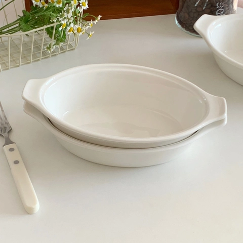 Weiße Keramik Oval Backform Mit Doppelgriffen Tiefer Salat Pasta Teller Dessertschale Haushalt Elegantes Geschirr