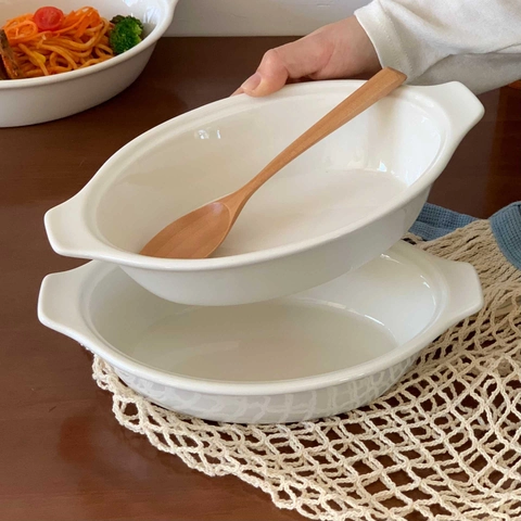 Weiße Keramik Oval Backform Mit Doppelgriffen Tiefer Salat Pasta Teller Dessertschale Haushalt Elegantes Geschirr