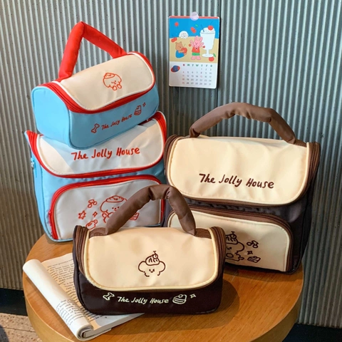 Cute Cartoon Puppy Makeup Bag Large Capacity Fabric Portable Handle Cosmetic Storage Case Korean Style Contrast Color Zipper