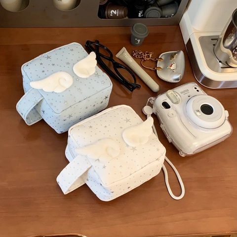 Simpatica Borsa Da Trucco Ali D'angelo Tessuto Stampa Stelle Custodia Per Fotocamera Portatile Kawaii Organizer