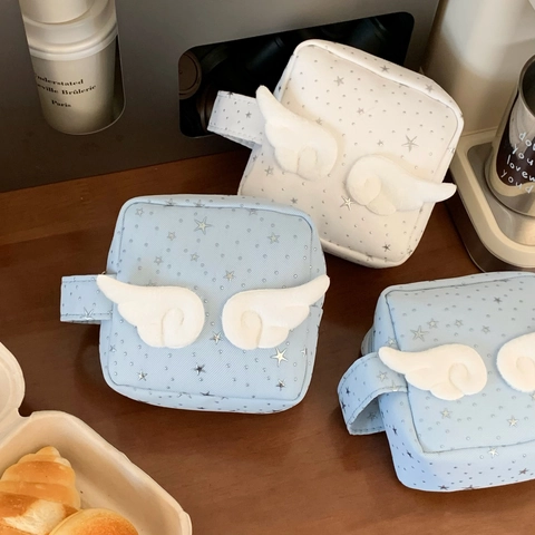 Simpatica Borsa Da Trucco Ali D'angelo Tessuto Stampa Stelle Custodia Per Fotocamera Portatile Kawaii Organizer