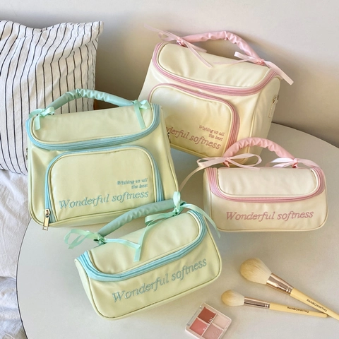 Trousse De Maquillage À Nœud Grande Capacité Imperméable En Cuir PU Organisateur Cosmétique Pochette De Toilette Style Doux