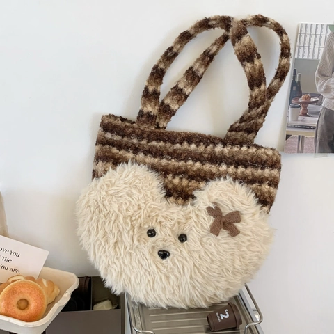 Borsa Tote In Peluche Orso Donna A Righe Marrone Crema Borsa A Mano In Pelliccia Sintetica Grande Capacità Autunno Inverno