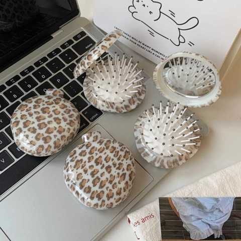 Spazzola Per Capelli Pieghevole Portatile Con Specchio Stampa Leopardata Plastica ABS Piccoli Pettini Da Viaggio Massaggio