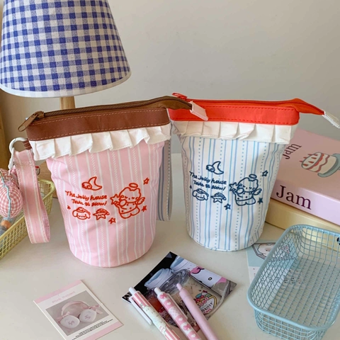 Pencil Case Pouch Cute Cartoon Canvas Striped Ruffled Edge Embroidery Large Capacity Standing Pen Holder School Supply
