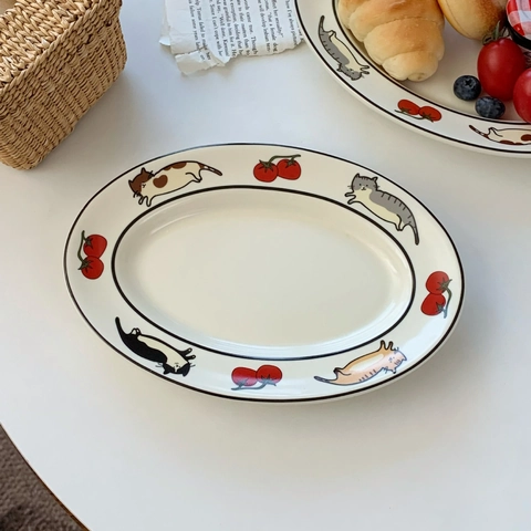 Ovaler Keramik Speiseteller Cartoon Katze Tomate Handbemalt Dekoratives Porzellan Servierplatte Pasta Frucht Süß