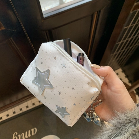 Star Pattern Makeup Bag Fabric Portable Cosmetic Pouch Travel Storage Organizer Korean Style Ins White Silver Stars Zippered