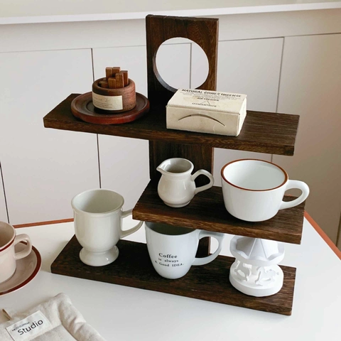 Vintage Solid Wood Desktop Storage Rack Cosmetic Tea Cup Display Shelf Irregular Design