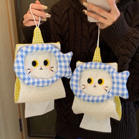 Hanging Tissue Box Cover Fabric Cute Cat Shape Plaid Polka Dot Embroidery Wall Mounted Car Home Napkin Holder Bag