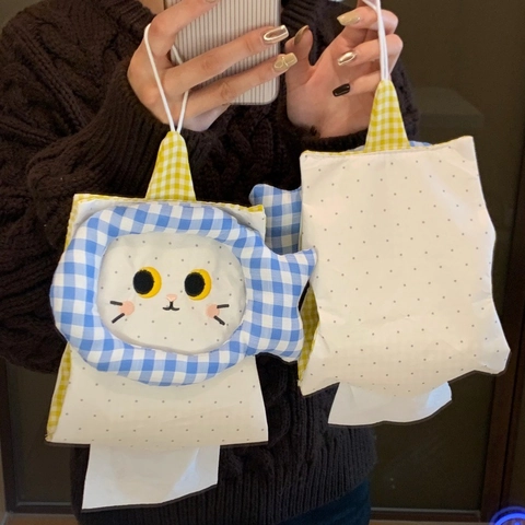 Hanging Tissue Box Cover Fabric Cute Cat Shape Plaid Polka Dot Embroidery Wall Mounted Car Home Napkin Holder Bag