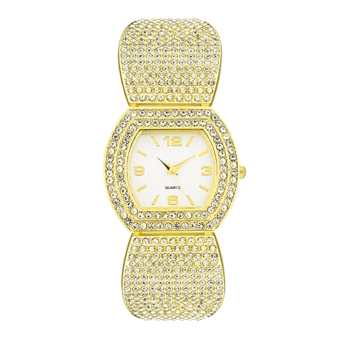 Women Quartz Watch Luxury Full Rhinestone Tonneau Shaped Case Analog Display Alloy Fashion Elegant Timepiece
