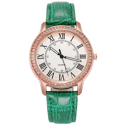 Dames Quartz Horloge Elegant Strass Bezel Romeinse Cijfers Legering Kast Krokodillenpatroon Leren Band Casual