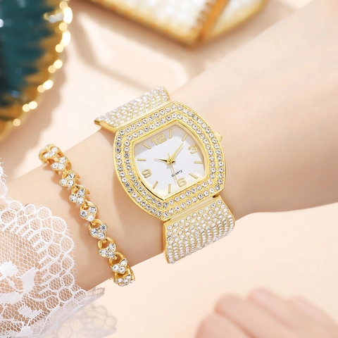 Women Quartz Watch Luxury Full Rhinestone Tonneau Shaped Case Analog Display Alloy Fashion Elegant Timepiece