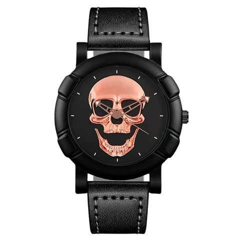 Heren Quartz Horloge Met 3D Schedel Ontwerp Kunstlederen Band Lavasteen Kralen Armband Punk Hip Hop Stijl Cadeau Voor Hem