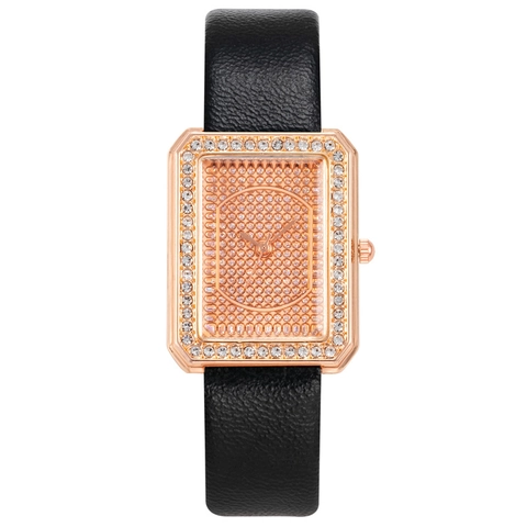 Orologio Al Quarzo Da Donna Cassa Rettangolare In Lega Oro Rosa Lunetta Con Strass Cinturino In Pelle Elegante