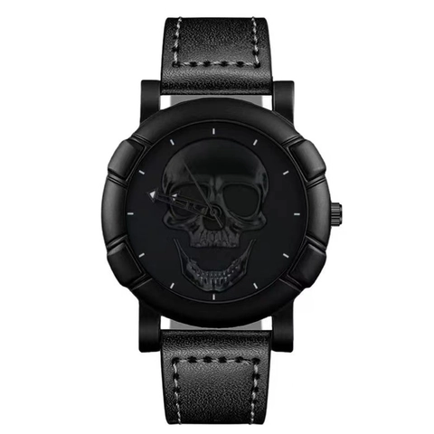 Men's Quartz Watch Metal Case Faux Leather Strap 3D Skull Relief Punk Hip Hop Fashion Wristwatch